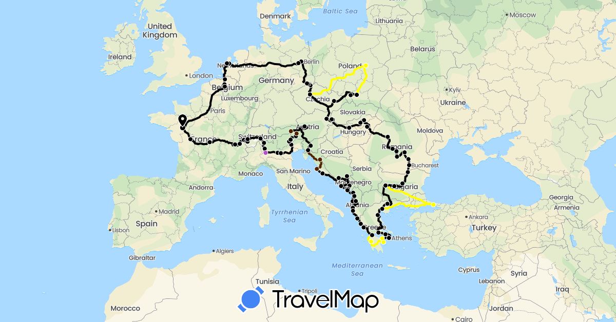 TravelMap itinerary: driving, train, 2021 gazell & bavaria, option, nugget + in Albania, Austria, Bosnia and Herzegovina, Belgium, Bulgaria, Switzerland, Czech Republic, Germany, France, Greece, Croatia, Hungary, Italy, Montenegro, Netherlands, Poland, Romania, Slovenia, Slovakia, Turkey (Asia, Europe)