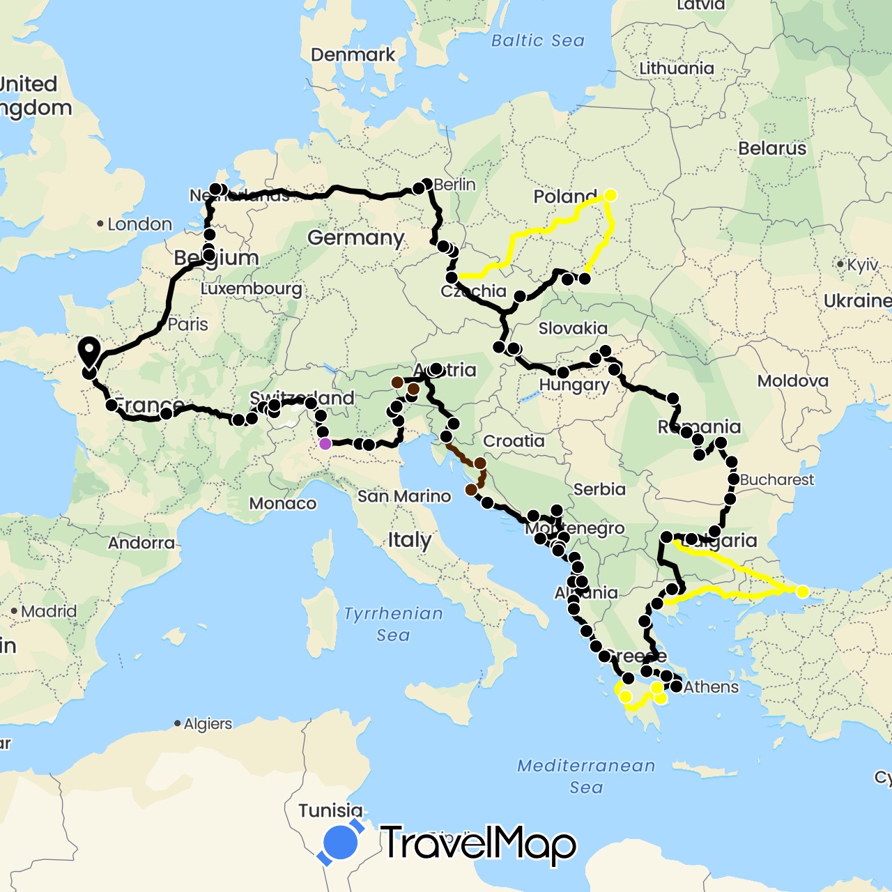 TravelMap itinerary: driving, train, 2021 gazell & bavaria, option, nugget + in Albania, Austria, Bosnia and Herzegovina, Belgium, Bulgaria, Switzerland, Czech Republic, Germany, France, Greece, Croatia, Hungary, Italy, Montenegro, Netherlands, Poland, Romania, Slovenia, Slovakia, Turkey (Asia, Europe)