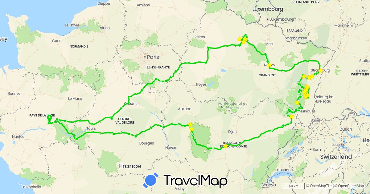 TravelMap itinerary: train, hiking, 2020 pick-up, 2019 ford cellule in France (Europe)