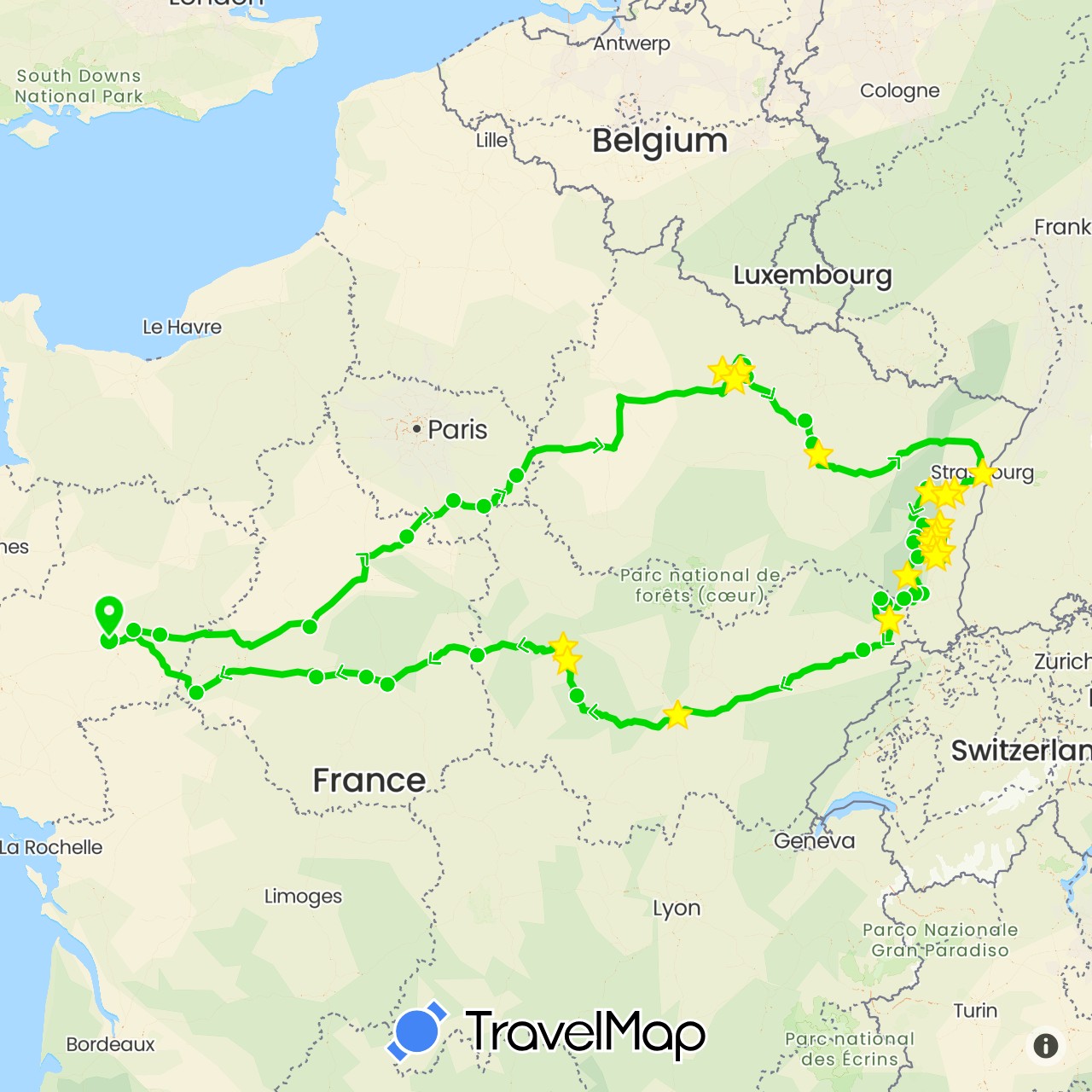 TravelMap itinerary: train, hiking, 2020 pick-up, 2019 ford cellule in France (Europe)