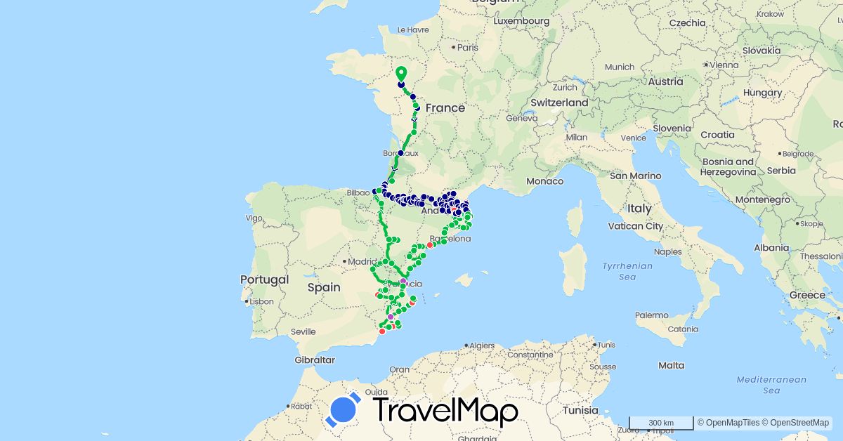 TravelMap itinerary: driving, bus, train, hiking in Andorra, Spain, France (Europe)