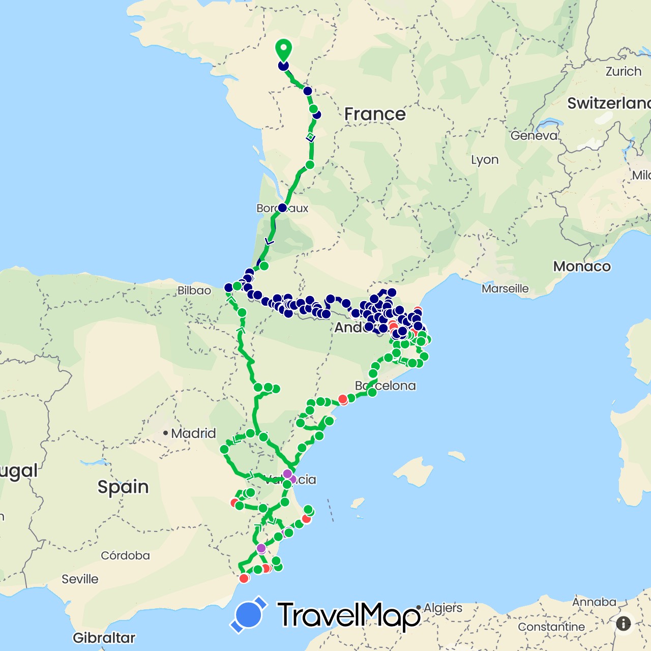 TravelMap itinerary: driving, bus, train, hiking in Andorra, Spain, France (Europe)
