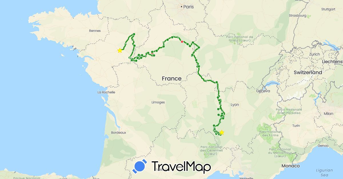 TravelMap itinerary: driving, hiking, 2024 nug + in France (Europe)
