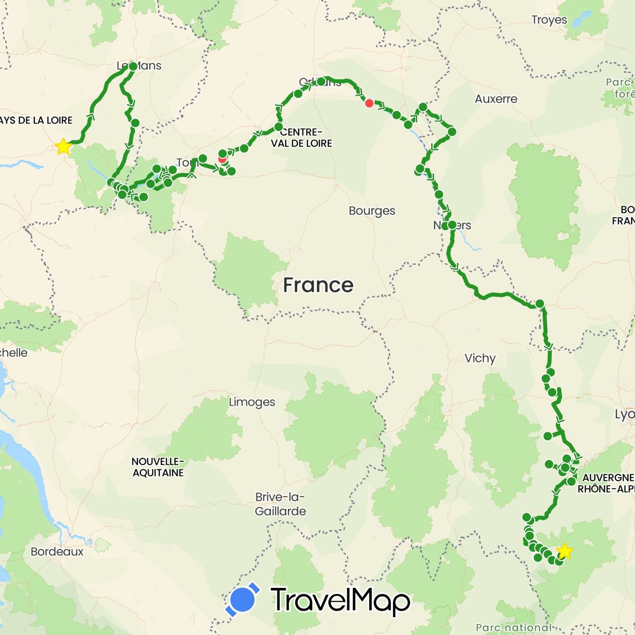 TravelMap itinerary: driving, hiking, 2024 nug + in France (Europe)