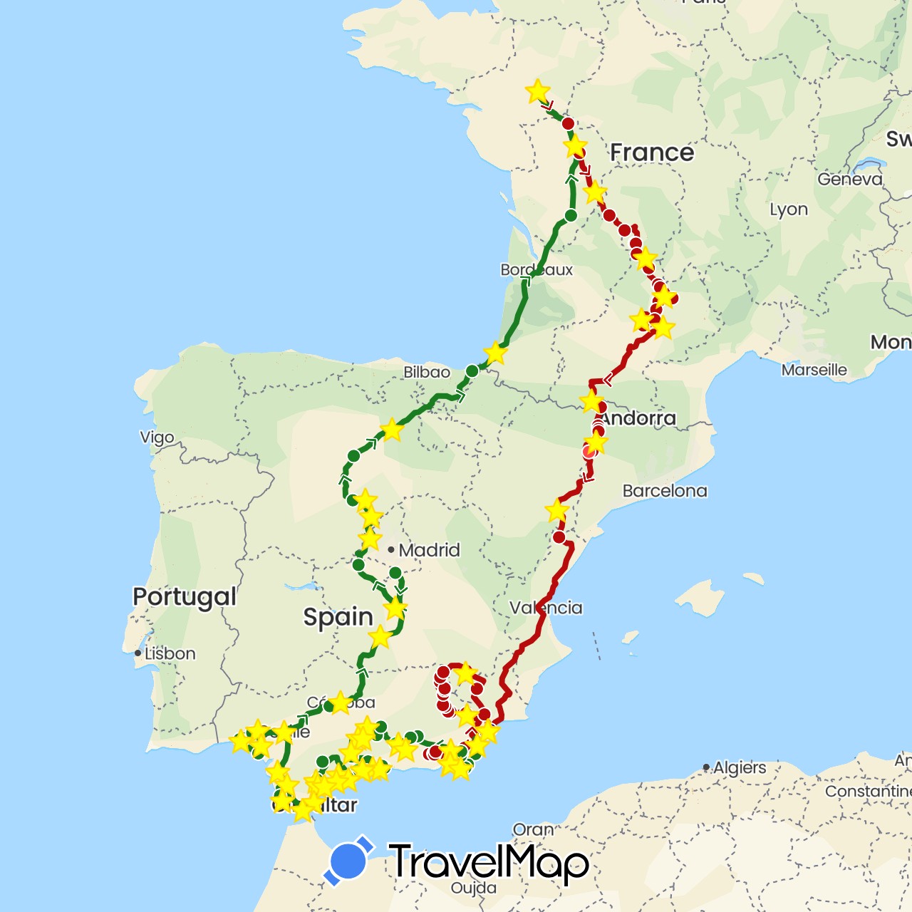 TravelMap itinerary: driving, bus, hiking, 2024 sept/oct/nov, marche 2024, 2024 andalousie in Spain, France (Europe)