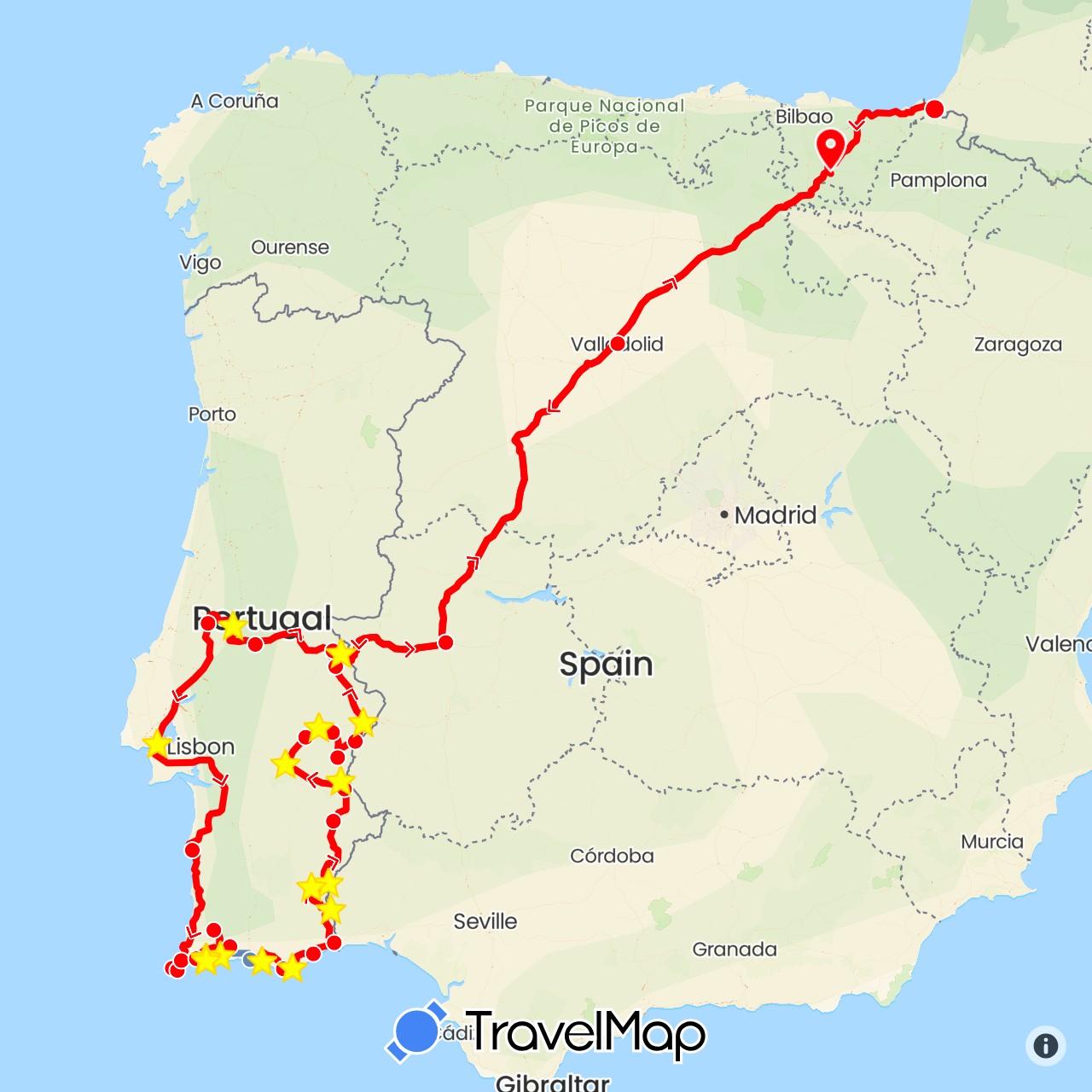 TravelMap itinerary: driving, cycling, 2016 cc ford in Spain, France, Portugal (Europe)