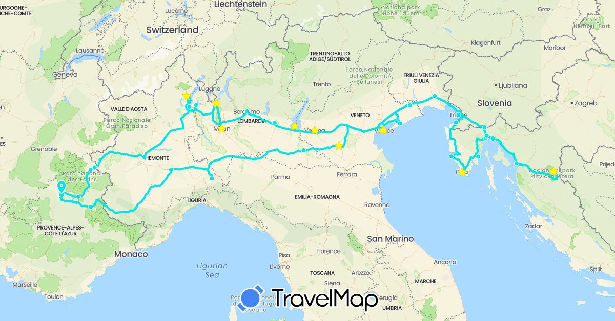 TravelMap itinerary: driving, train, 2015 camping car ford in France, Croatia, Italy, Slovenia (Europe)