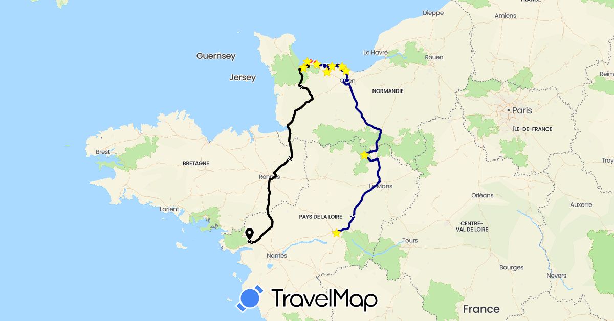 TravelMap itinerary: driving, hiking, 2025 débarquement in France (Europe)