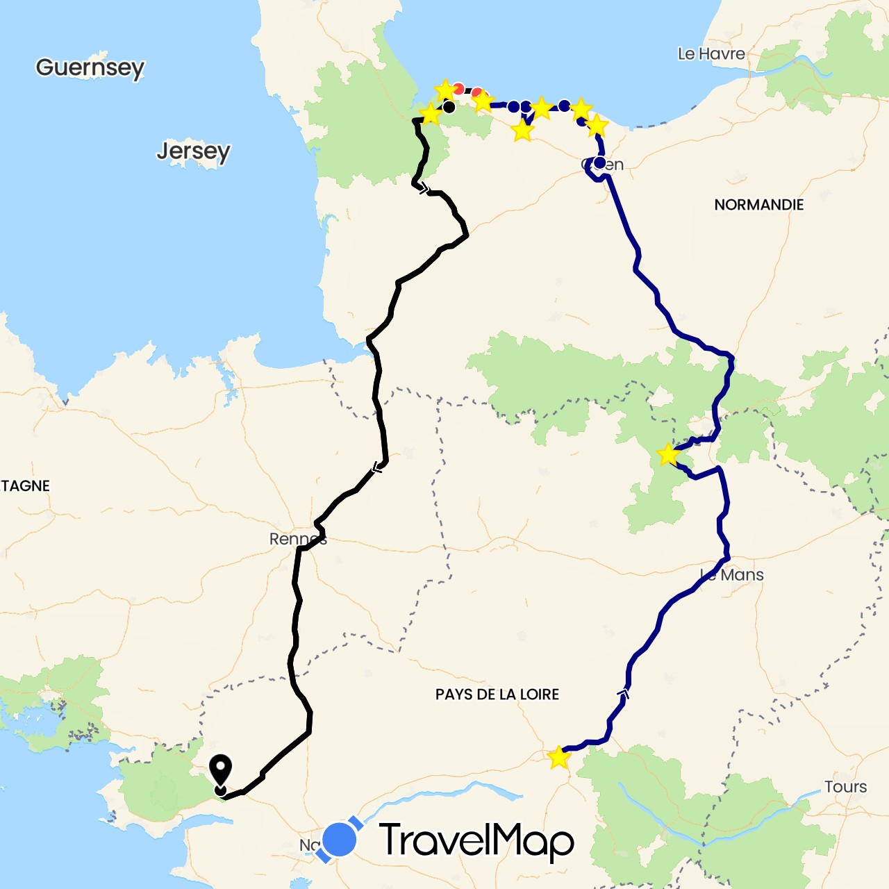 TravelMap itinerary: driving, hiking, 2025 débarquement in France (Europe)