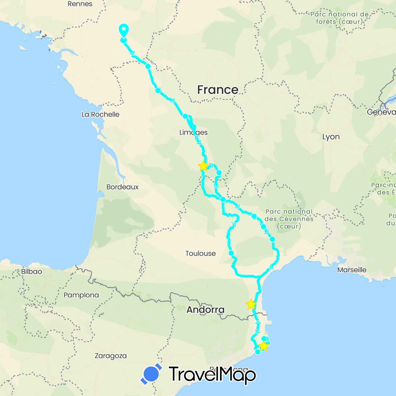 TravelMap itinerary: driving, 2025 débarquement in Spain, France (Europe)