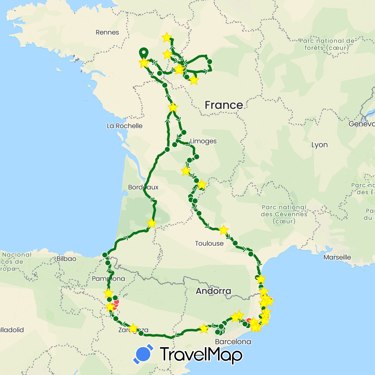 TravelMap itinerary: driving, hiking, 2025 france/costa brava in Spain, France (Europe)