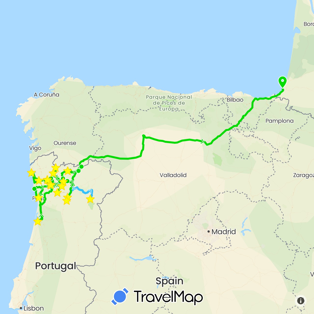 TravelMap itinerary: driving, boat, 2017 ford ranger in France, Portugal (Europe)