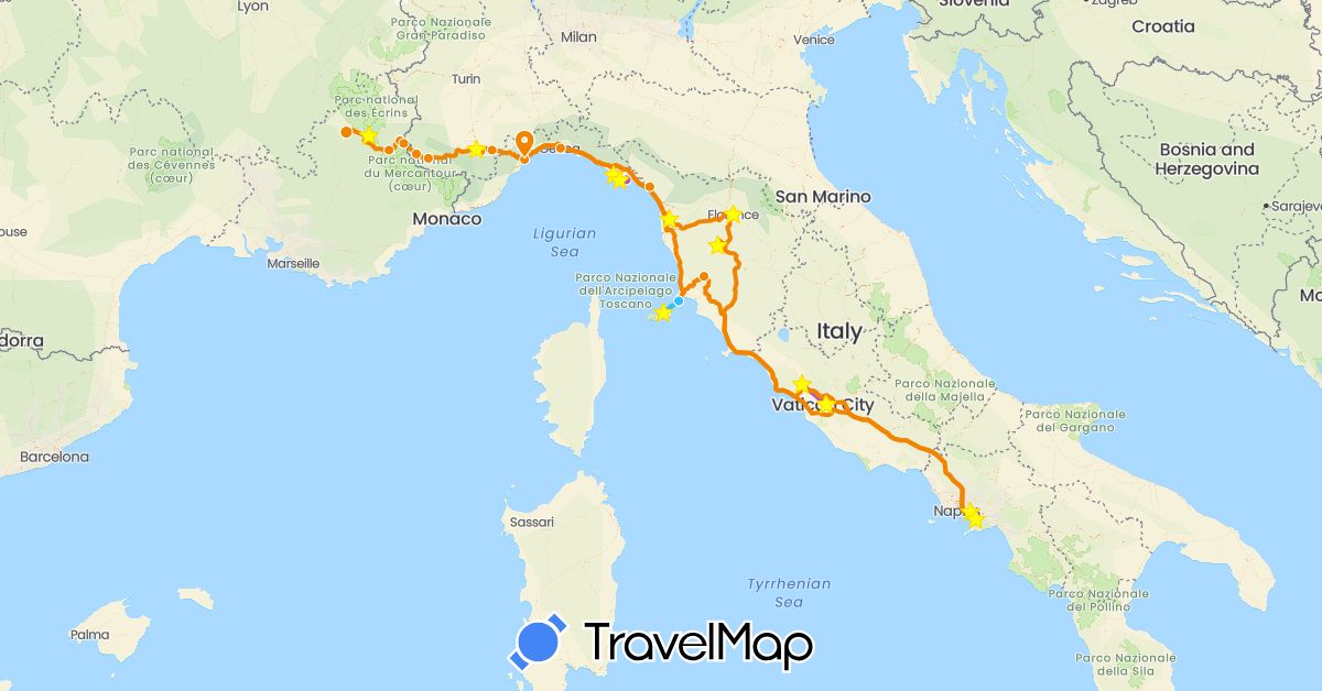 TravelMap itinerary: driving, bus, train, hiking, boat, 2014 camping car in France, Italy (Europe)