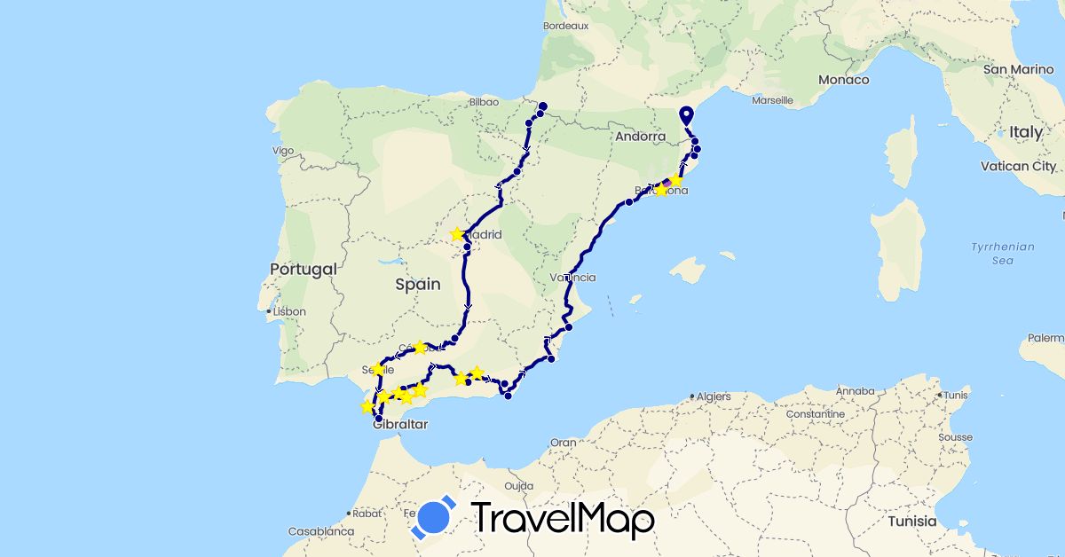 TravelMap itinerary: driving, train in Spain, France (Europe)
