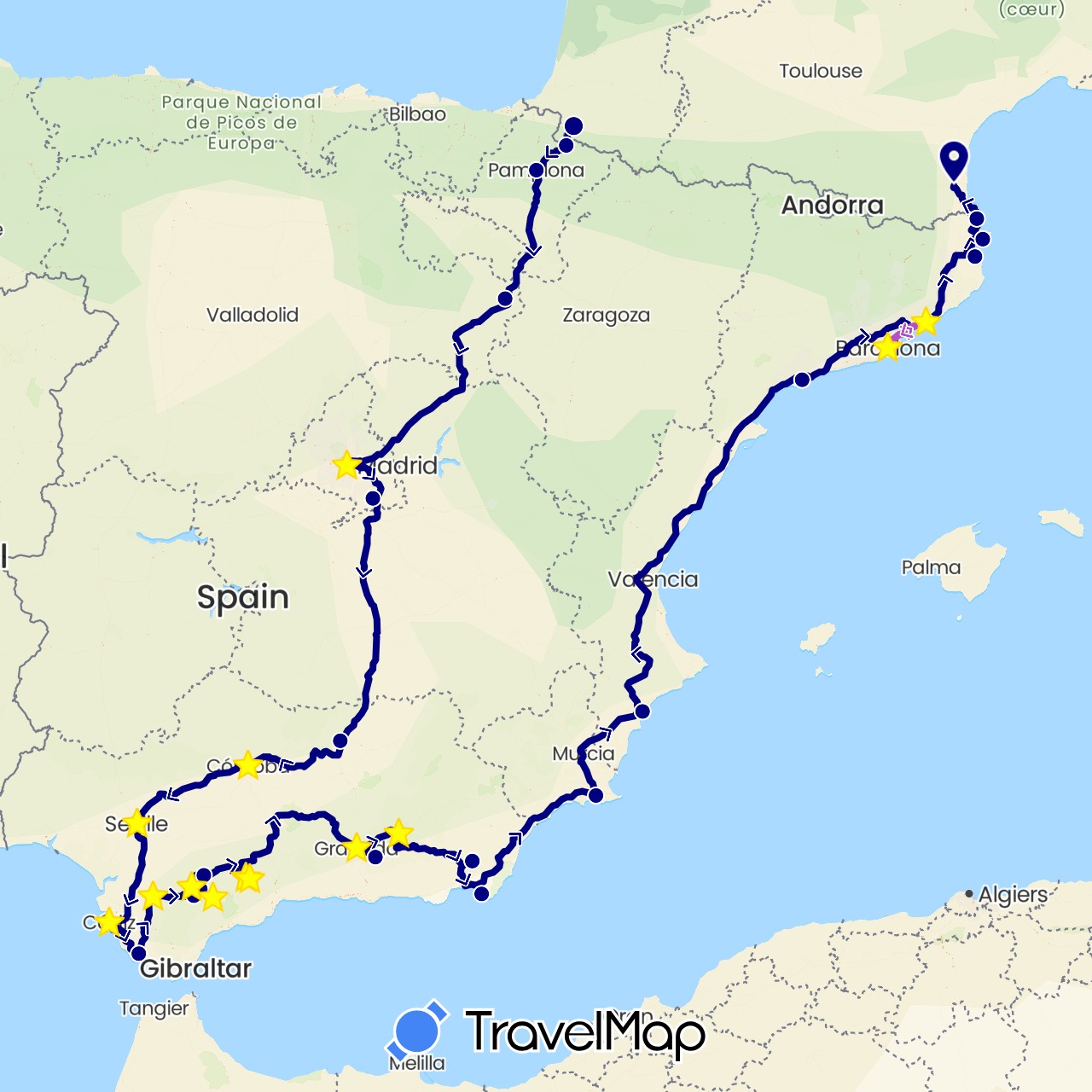 TravelMap itinerary: driving, train in Spain, France (Europe)